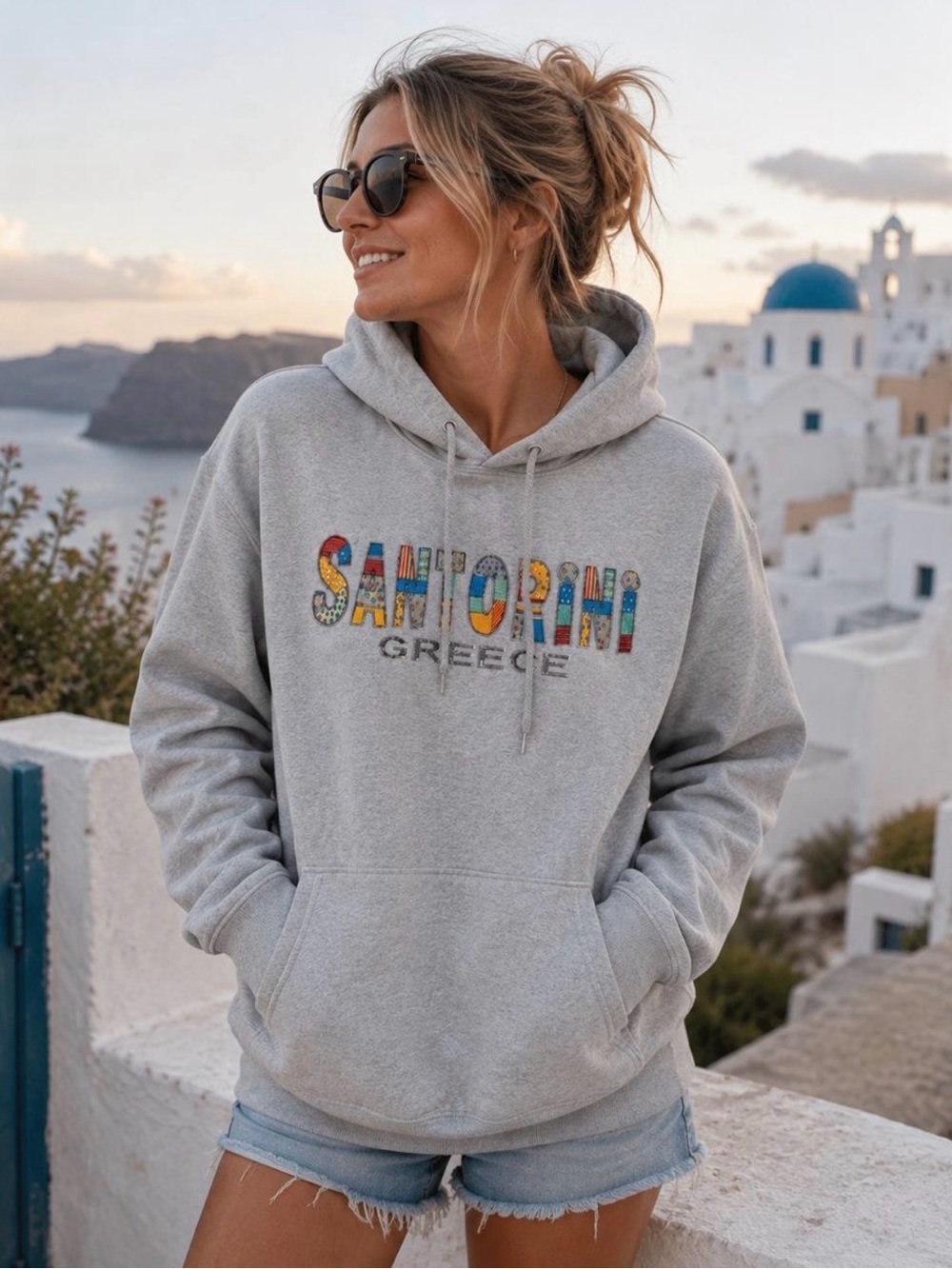Lemon Light Gray 'Santorini Greece' Graphic Hoodie